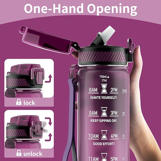 Water Bottle with Straw, 27oz Motivational Water Bottles with Time Marker to Drink, Tritan BPA Free, 750ml Sports Water Bottle with Carry Strap LeakProof for School Fitness Outdoor (1Pack)