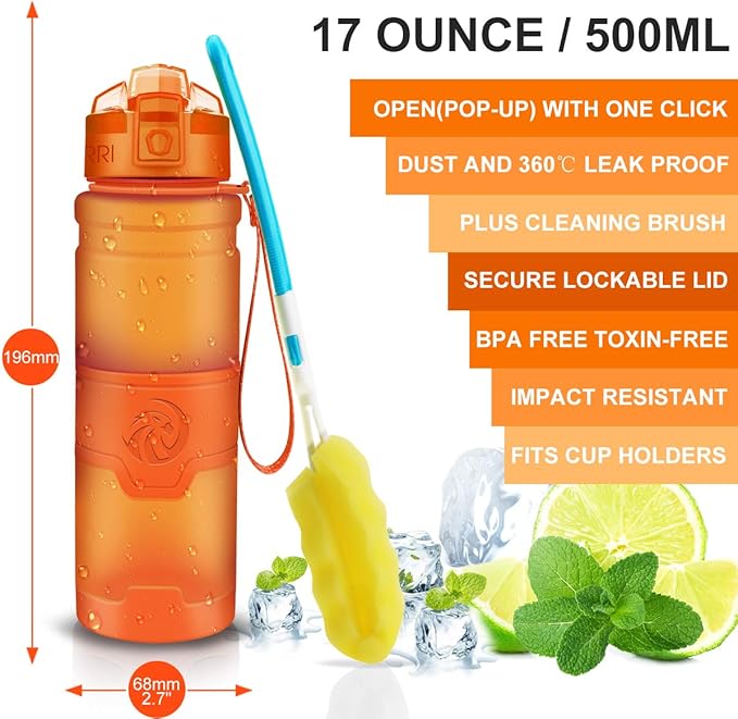 ZORRI Sports Water Bottle, 400/500/700ml/1L, BPA Free Leak Proof Tritan Lightweight Bottles for Outdoors,Camping,Cycling,Fitness,Gym,Yoga- Kids/Adults Drink Bottles with Filter, Lockable Pop Open Lid