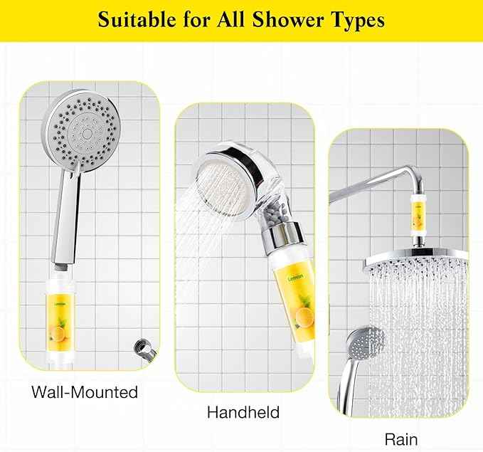 Vitamin C Shower Filter for Hard Water, Shower Head Filter to Chlorine Fluoride Sediment, Water Purifying Filtered Shower Head with Beads, Helps Dry Skin & Hair Loss, Easy Installation (Lemon)