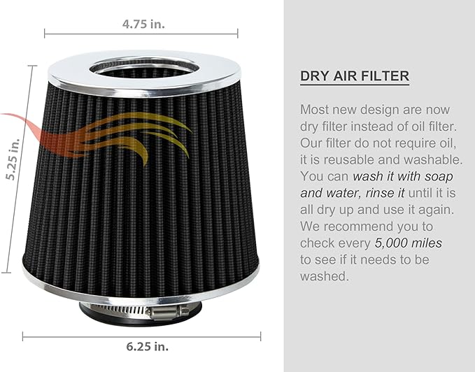 BLACK 2.5" 63.5 mm Inlet Cold Air Cone Replacement Performance Washable Clamp-On Dry Air Filter