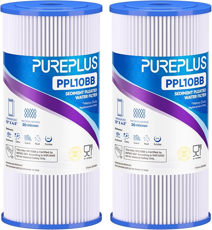 PUREPLUS 20 Micron 10" x 4.5" Whole House Pleated Sediment Filter for Well Water, Replacement Cartridge for GE FXHSC, Culligan R50-BBSA, Pentek R50-BB, DuPont WFHDC3001, W50PEHD, GXWH40L, 2Pack