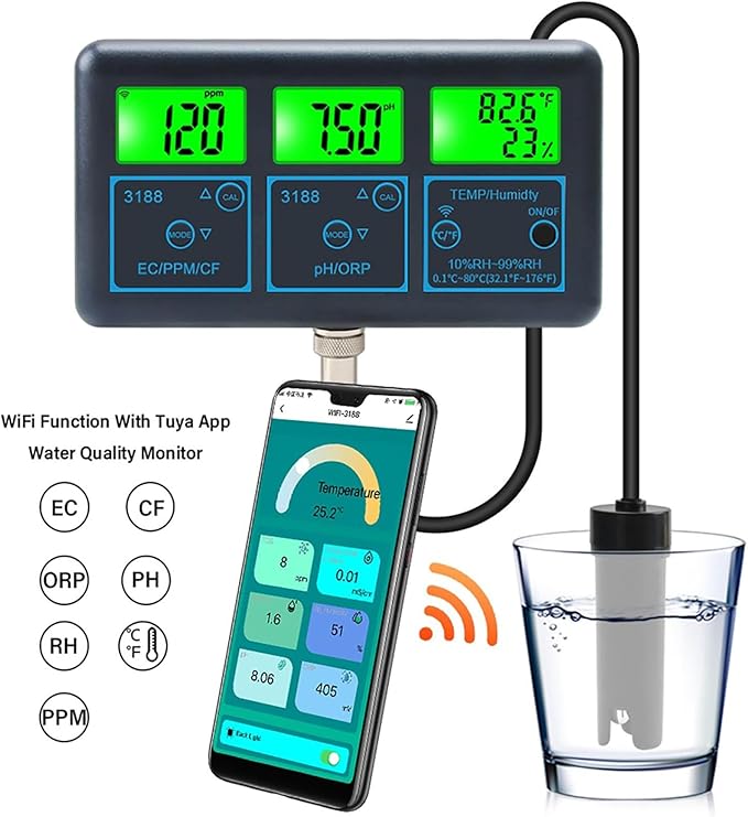 Water Quality Tester Detector, EC/CF/ORP/PH/PPM/Humidity/Temperature Tester, Smart Water Quality Meter Monitor for Aquariums Pool Hydroponics