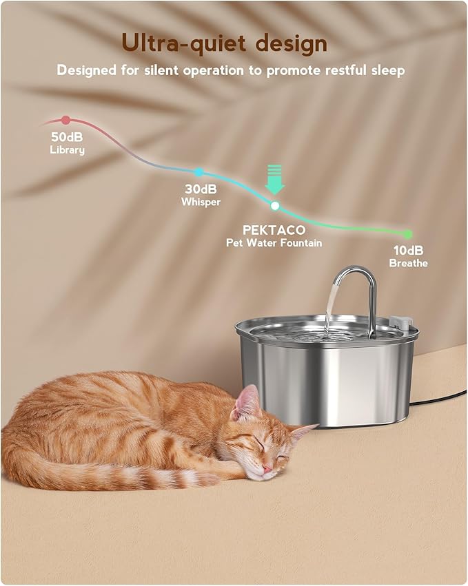 PEKTACO Cat Water Fountain, 3.2L/108oz Stainless Steel Pet Water Fountain for Cats Indoor, Dog Drinking Dispenser Metal Kitty Spout with 6 Filters+ 6 Sponges