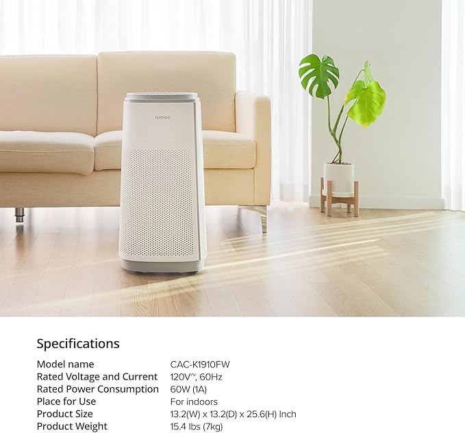 CUCKOO True HEPA Air Purifier for Large Room Up to 2,256 sq. ft., Advanced 5-Stage Filter with UV-C Light and Activated Carbon, Air Purifiers for Home with Quiet Sleep Mode, White (CAC-K1910FW)