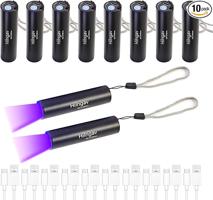 10 Pack Rechargeable Black Flashlight Small UV Black Flash Light 395 NM, Mini USB C LED Blacklight Flashlights Handheld Torch for Pet Dog Urine Resin Curing Fluorescent Agent Stains Detection