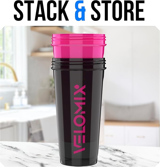 VELOMIX -2 Pack- 28 oz Protein Shaker Bottles for Protein Mixes - 2x Wire Whisk | Leak Proof Shaker Cups for Protein Shakes | Protein Shaker Bottle Pack (Black/Pink)
