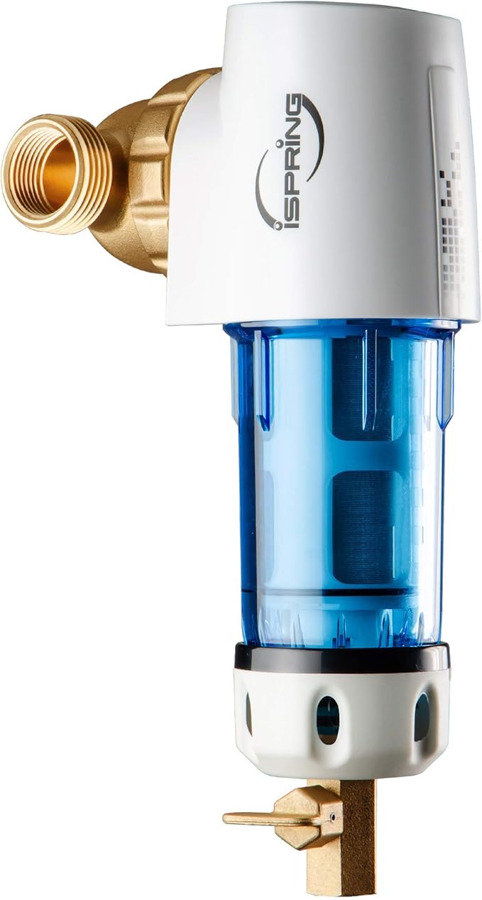 iSpring WSP100GR Reusable Spin Down Sediment Water Filter 100 Micron with Built-in Housing Scraper, 360° Rotatable Head, Pressure Gauge, Blue