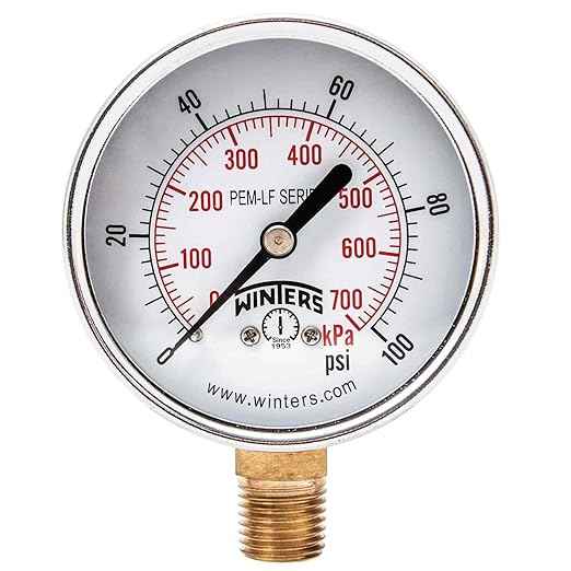 Winters 2-1/2 inch Dial Size, Economy Utility Pressure Gauge, Potable Brass Internals, Steel Case, Dual Scale 0-100 psi/kPa, 3-2-3% Accuracy, 1/4 inch NPT Bottom Mount, Drinking Water Pressure Gauge