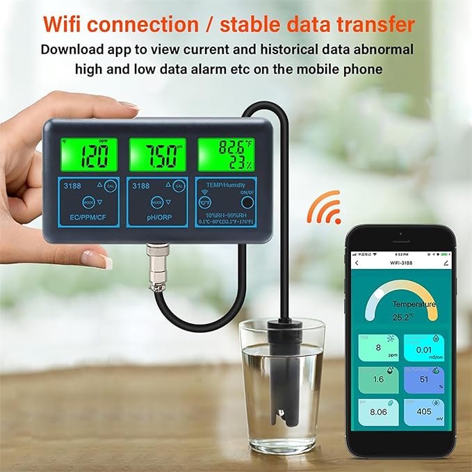 Water Quality Tester Detector, EC/CF/ORP/PH/PPM/Humidity/Temperature Tester, Smart Water Quality Meter Monitor for Aquariums Pool Hydroponics