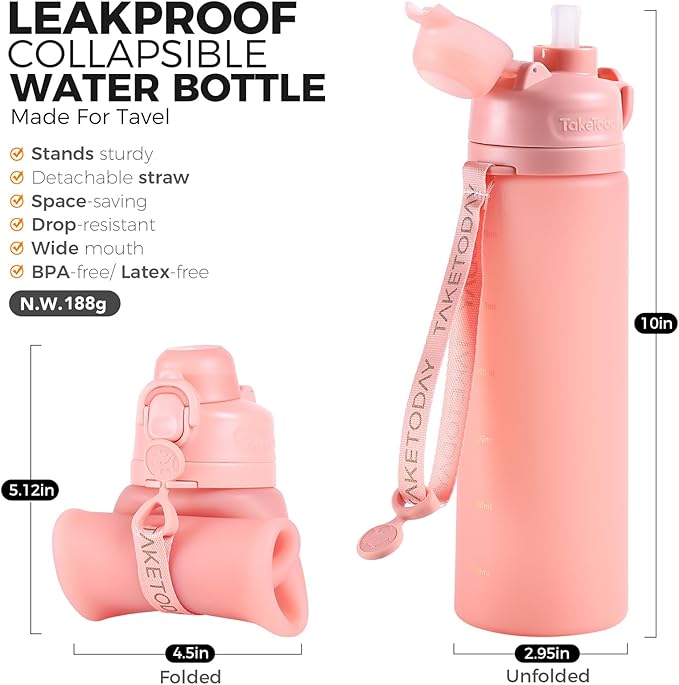 TakeToday Collapsible Water Bottles 20oz (600mL), Foldable Platinum Silicone Travel Water Bottle with Straw & Carry Strap, Leak-Resistant Screw Lid, Wide Mouth, BPA-Free for Hiking, Camping, Travel