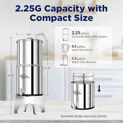 Membrane Solutions Stainless Steel 2.25G Gravity Water Filter, Countertop Water Filtration System with 3 Pack 0.1-Micron UF Filters, for Home, Camping, and RVing