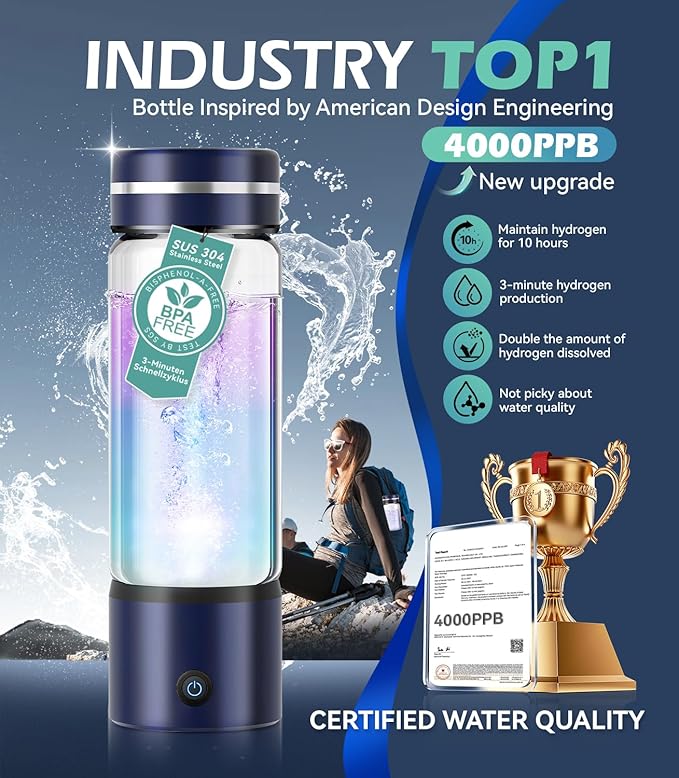 5.0 Upgrade 4000PPB High Concentration Hydrogen Water Bottle Generator【NO.1-24-Hour Hydrogen Lock】 SPE PEM Technology, Double Hydrogen Content & High Borosilicate Glass for Post-Workout Recovery
