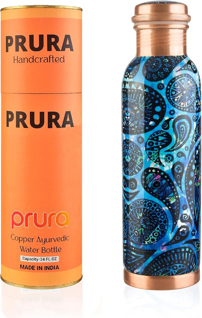 Pure Printed Copper Water Bottle 32 oz - Leak Proof Ayurvedic Drinkware Copper Vessel for Sports, Gym, Outdoors, Yoga, Health Benefits