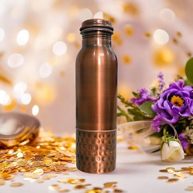 Hammered Curved Copper Water Bottle 32 oz - Seamless Leak Proof Joint Less Water Bottle for Ayurvedic Benefits
