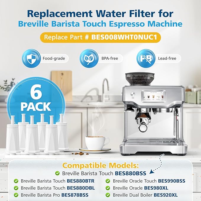 6 Pack Upgrade Water Filters Compatible with Breville BES880 Barista Touch, BES990 BES980 Oracle Touch and BES878 BES920 Bambino ClaroSwiss Sage Espresso coffee Machine, #BES008WHT0NUC1 - AquaVibe