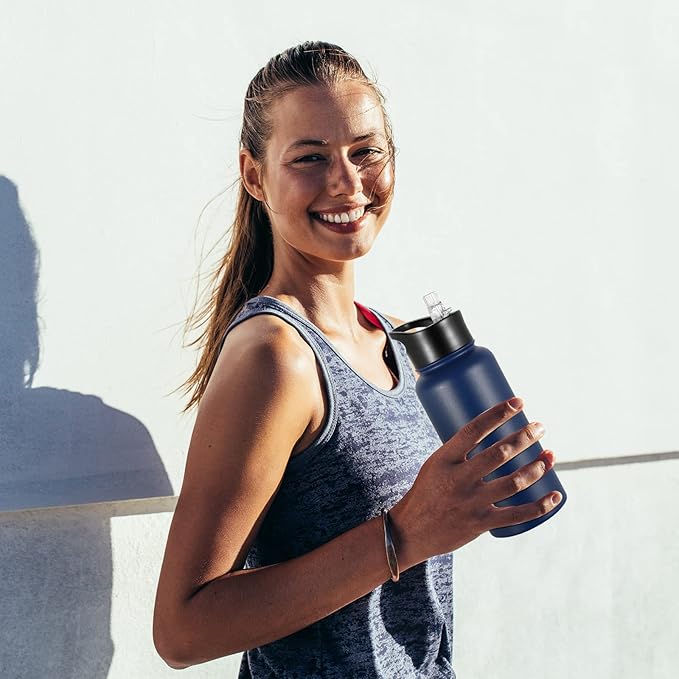 32 oz Insulated Water Bottle with Straw Lid & Wide Mouth Lids, Stainless Steel Sports Water Bottles, Double Walled Vacuum, Leak Proof, Blue