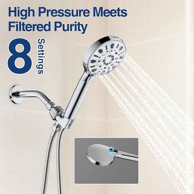 Filtered Shower Head with 8 Spray Modes, High Pressure Handheld Showerhead Filter for Hard Water Filtering Showerhead with Hose(N8HS702CP)