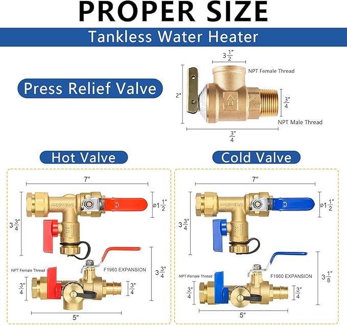 3/4 Inch GUOFIS IPS Tankless Water Heater Valve Kit with Pressure Relief Valve(3/4"FIPx 3/4" PEX-A Expansion F1960),2 Set Water Heater Valve Kit