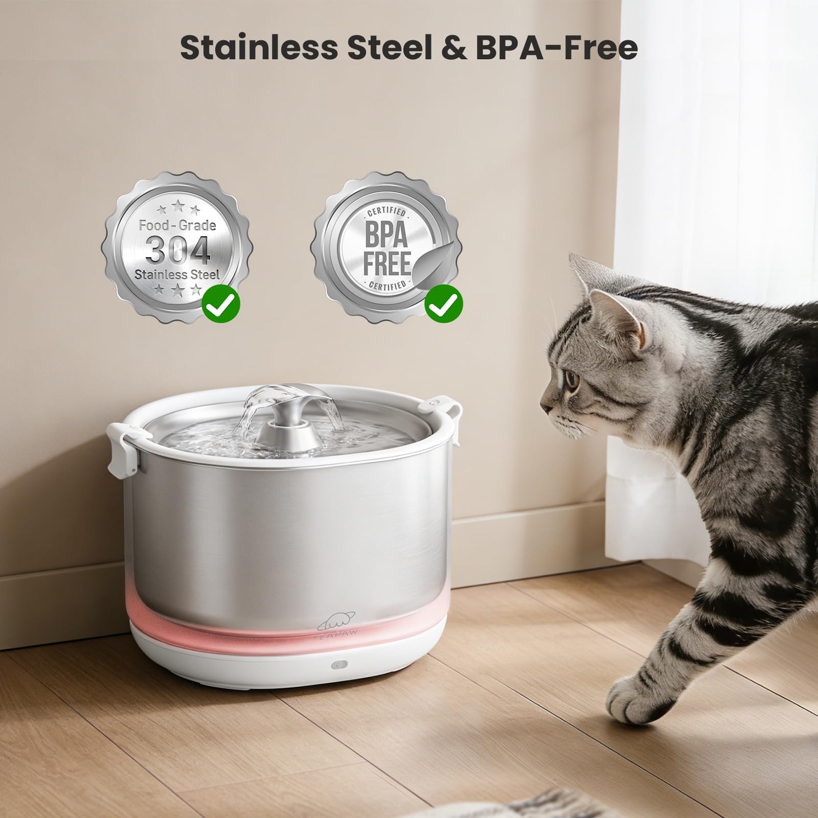 Cat Water Fountain Pumpless Stainless Steel Buckets & Bowl Wireless Pet Water Fountain 2.5L Water Fountains for Cats Indoor Dispenser Easy to Clean BPA