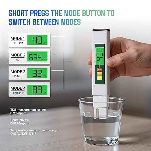 TDS Water Tester, 4 in 1 TDS Meter Digital Water Tester for Drinking Water, Professional 0-9990ppm PPM EC & Temp Water TDS Meter for Home & Travel Regular Water Quality Testing White & Green 6 in