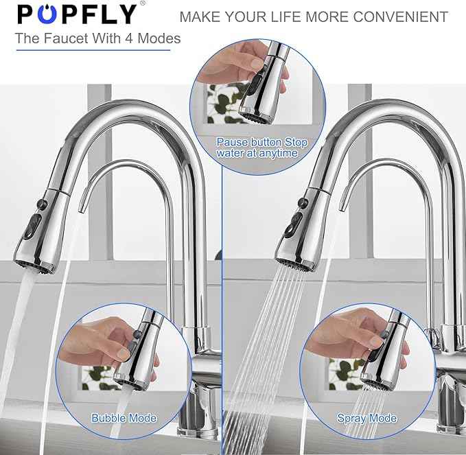 POPFLY Kitchen Faucet with Drinking Water Faucet, 3 in 1 Water Purifier Faucet, 2 Handle, 3-Function Pull Down Sprayer, Brass Body, Chrome