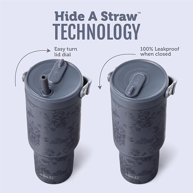 Ello Oasis Go+ 32oz Tumbler with Top Handle and Retracting Straw | Reusable Insulated Stainless Cup, 100% Leakproof Water Bottle, 24 Hours Cold, Cup Holder Friendly For Travel | Porcelain Rose Navy