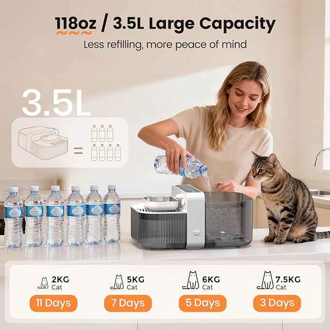 Filterless Cat Water Fountain with Wastewater Separation, 3.5L Stainless Steel Cat Fountain No Filter Needed, Wireless Pet Water Fountain for Cats & Small Dogs, 180-Day Battery, Smart Alert