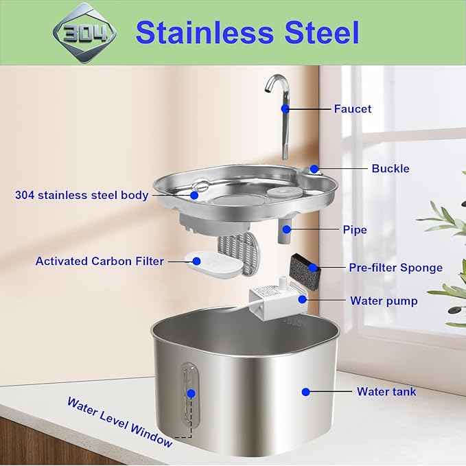 Cat Water Fountain Stainless Steel: 74oz/2.2L Cat Fountain for Drinking - Water Fountains for Cats Indoor - Quiet pet Water Fountain - Kitty spout cat Water Fountain - for Pets& Small Animals
