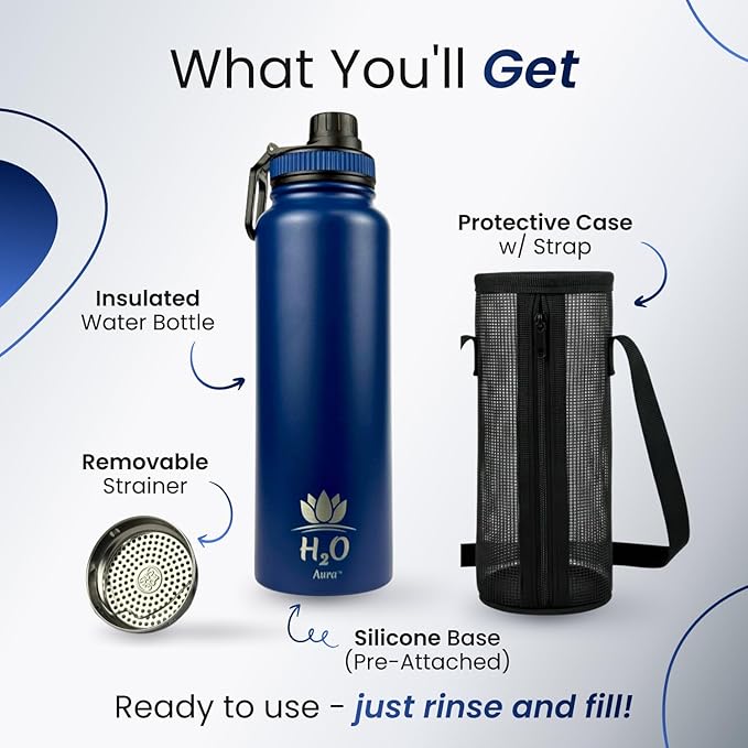 Premium 1 Liter Water Bottle (33.8 oz) with Carrying Case & Strap - Double Wall Vacuum Insulated Stainless Steel Water Bottle - Leakproof Lid, Wide Mouth, BPA-Free, Removable Strainer – Blue
