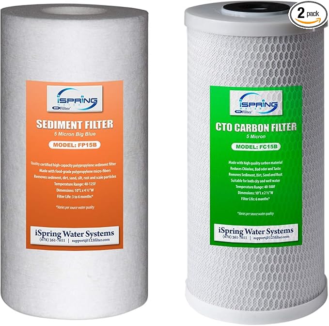 iSpring F2WGB21B Whole House 4.5"x10" Water Filtration High Capacity Sediment and CTO Carbon Block Water Filter Replacement Cartridge Pack Set, Model: WGB21B