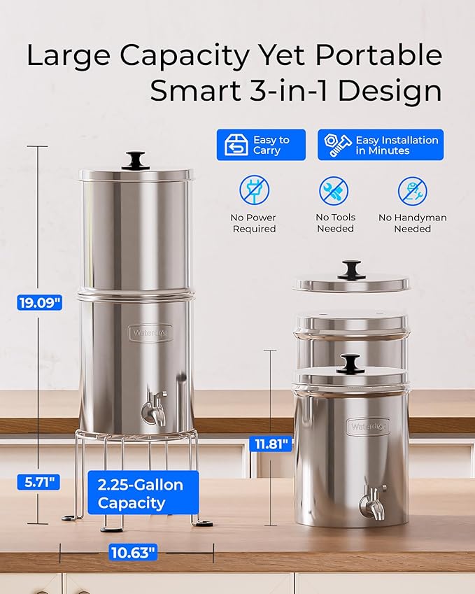 Waterdrop Gravity-fed Water Filter System, Reduces Lead and up to 99% of Chlorine, NSF/ANSI 42&372 Standard, with 2 Black Carbon Filters and Metal Spigot, King Tank Series - AquaVibe