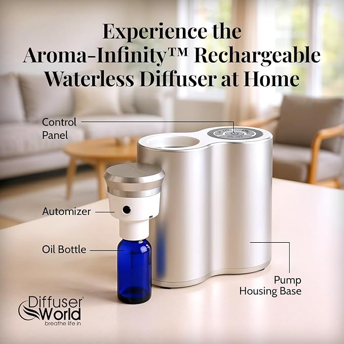 Aroma-Infinity Essential Oil Diffuser for Home Scent Diffusers - 100V-240V Portable & Waterless Aromatherapy Diffusers with Digital Timer, Nebulizing Diffuser, Air Diffuser for Home-Silver