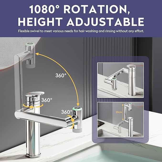 HOWUWEY Chrome Rotatable Single Hole Bathroom Vanity Faucet with Temperature Display & HOWUWEY Chrome Filtered Dual Shower Head with Handheld Spray Combo for Hard Water