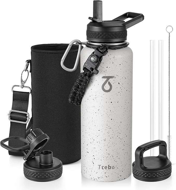 Trebo Water Bottle 40oz with Paracord Handle, Half Gallon Large Vacuum Double Wall Stainless Steel Insulated Water Jug with Holder Strap Straw Spout Lids, Leakproof Keep Cold & Hot,Starry White