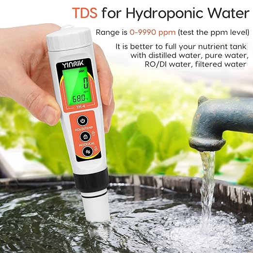 YINMIK PH Meter, Digital 4 in 1 PH EC TDS Temp Meter for Water Hydroponics, Waterproof DWC PH and EC PPM Water Tester with Backlit for Nutrients Growing, Indoor Garden, Home Brewing, Pool, Aquarium