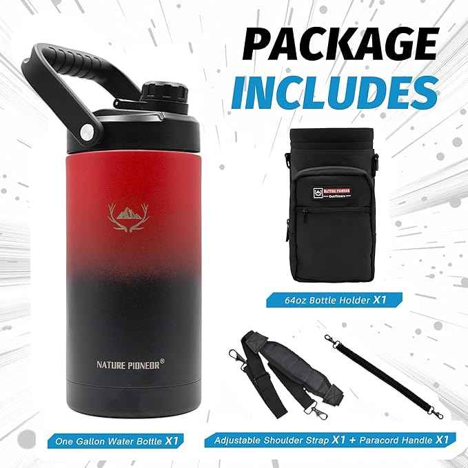 NATURE PIONEOR 64 oz Insulated Water Bottle - Double Vacuum Stainless Steel Half Gallon Water Jug with Holder/Carrier, Wide Mouth, Outdoor Sports, Hiking, Camping, Gym
