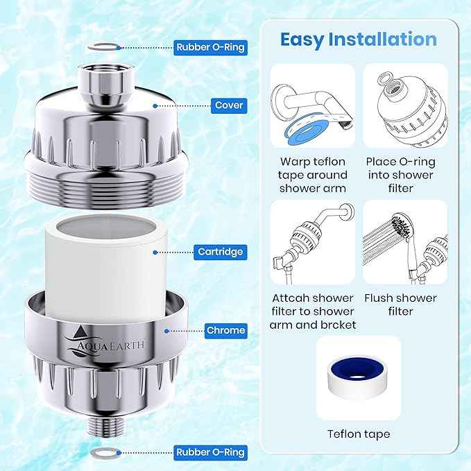 Aqua Earth 15 Stage Shower Filter 3 cartridges Included with Vitamin C Shower Filters for Hard Water Unique Coconut Shell Activated Carbon Technology