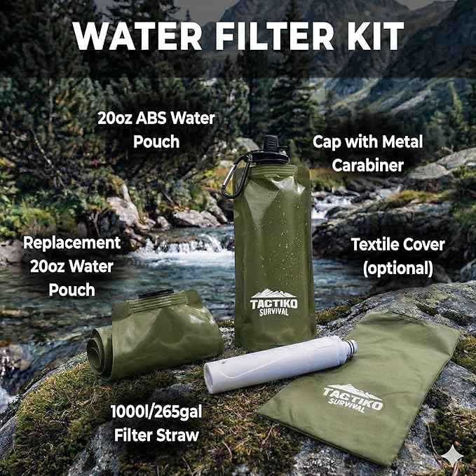 2-Pack Tactiko Survival 20oz/600ml Filtered Water Bottle Kit - Purify 265 Gal. Water from Rivers, Lakes & Streams - SGS Certified - UF Membrane, Activated Carbon - Camping, Emergency (Green/Black)