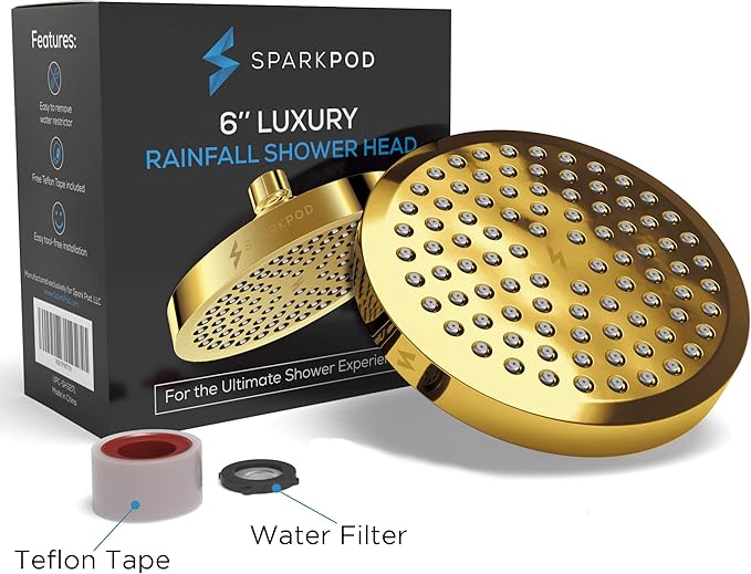 SparkPod Shower Head - High Pressure Rain - Premium Quality Luxury Design - 1-Min Install - Easy Clean Adjustable Replacement for Your Bathroom Shower Heads (Egyptian Gold, 6 Inch Round) - AquaVibe