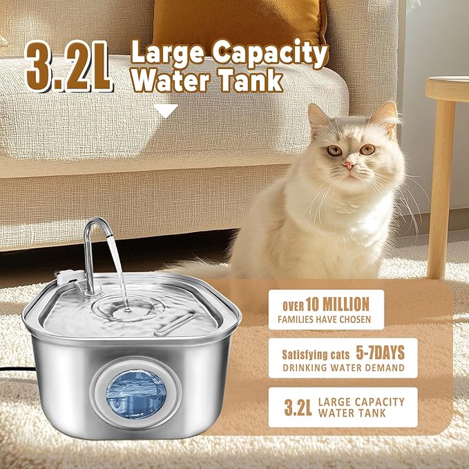Cat Water Fountain.Stainless Steel Pet Water Dispenser Bowl: 108oz/3.2L.Quiet Pet Water Bowl Dispenser.with Ultra Quiet Pump and Faucet Water Level Window（with 4 Filters and Sponge）