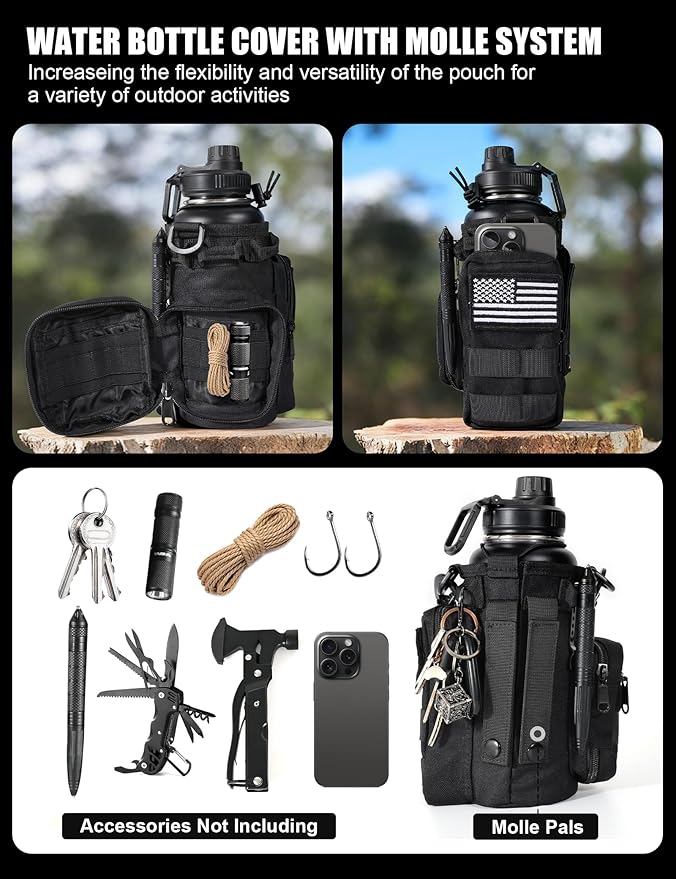 Tactical Water Bottle with Straw, 32 Oz Insulated Water Jug with Molle Water Bottle Holder, Stainless Steel Sport Bottle with 2 BPA Free Lids for Gym Workout Hiking (Black)