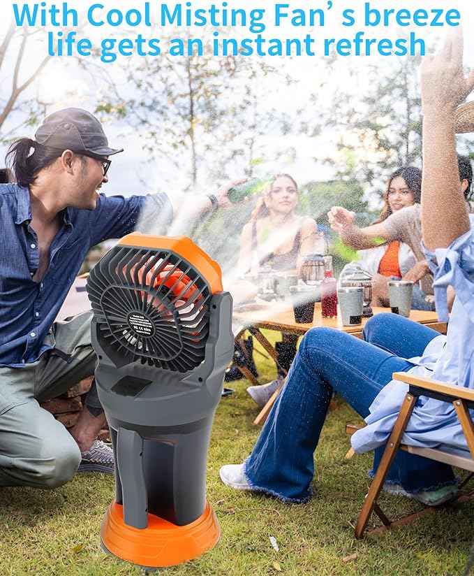 AVV Portable Misting Fan with RGB Ambient Light- 2L Water Tank, 4 Speeds & Spray Mist Fan, 30000mAh Rechargeable Misting Fans for Outdoor/Indoor Fans for Camping, Patio, Garden, Grey-Orange