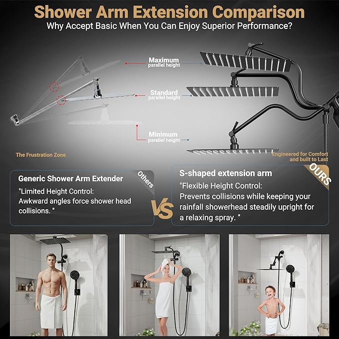 Filtered Shower Head with Handheld, 11.8" Rain Shower Head, High Pressure 10-Function Handheld Shower Head, with 13.6" Adjustable Shower Head Extension Arm, Shower Head Holder Adhesive (Black)