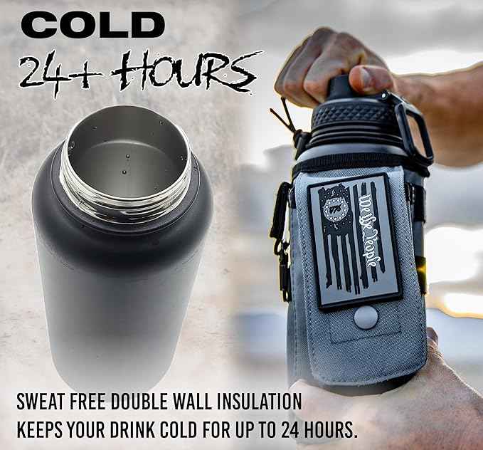 Iron Infidel Battle Bottle - 32 Oz Insulated Water Bottle with Straw Lid & Chug Cap, Stainless Steel Metal Tactical Flask with Rugged, Removable Sleeve for Keys & Phone or Wallet (Betsy Ross 1 Liter)