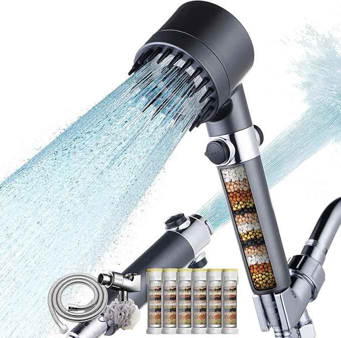 Filtered Shower Head with Handheld High Pressure 4 Spray Showerhead with Filters for Hard Water-Remove Chlorine,ON/OFF Switch for Pets,With 79" Stainless Steel Hose,Bracket,6 Filters, Bath Loofah