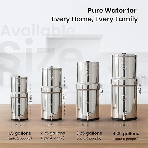 1.5 G Gravity Water Filter | NSF/ANSI 42 & 372 Certified | Gravity-Fed Countertop Stainless Steel Water Filter System | AISI 304 | 2 Carbon Filters & Steel Spigot | Portable | No Electricity Required