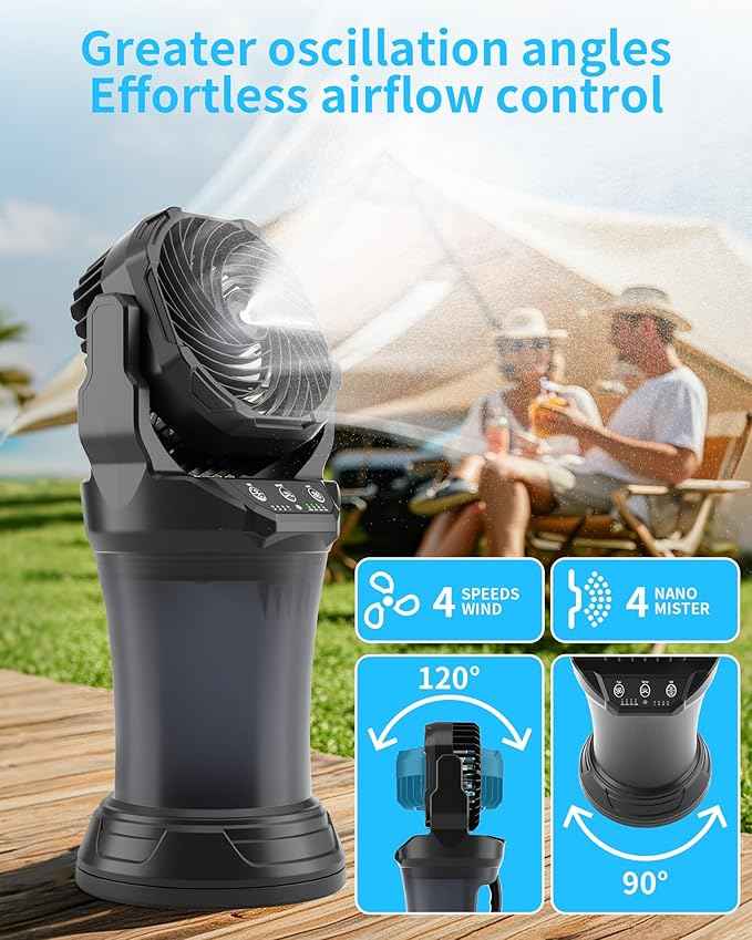 AVV Portable Misting Fan with RGB Ambient Light- 2L Water Tank, 4 Speeds & Spray Mist Fan, 30000mAh Rechargeable Misting Fans for Outdoor/Indoor Fans for Camping, Patio, Garden, Black