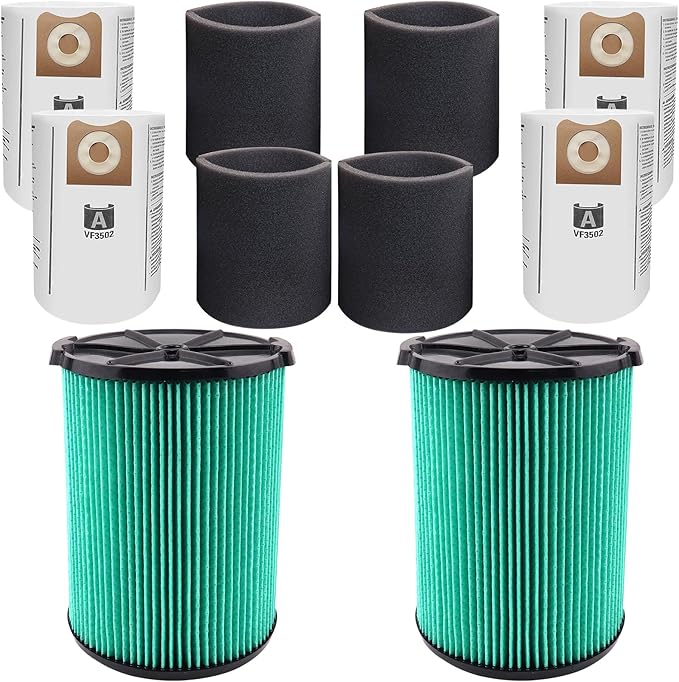 2 Pack VF6000 Filters + 4 Pack VF3502 Filter Bags + 4 Pack Foam Sleeve for Ridgid 5-20 Gallon Wet Dry Vacuum Cleaner (10 Pack) - AquaVibe