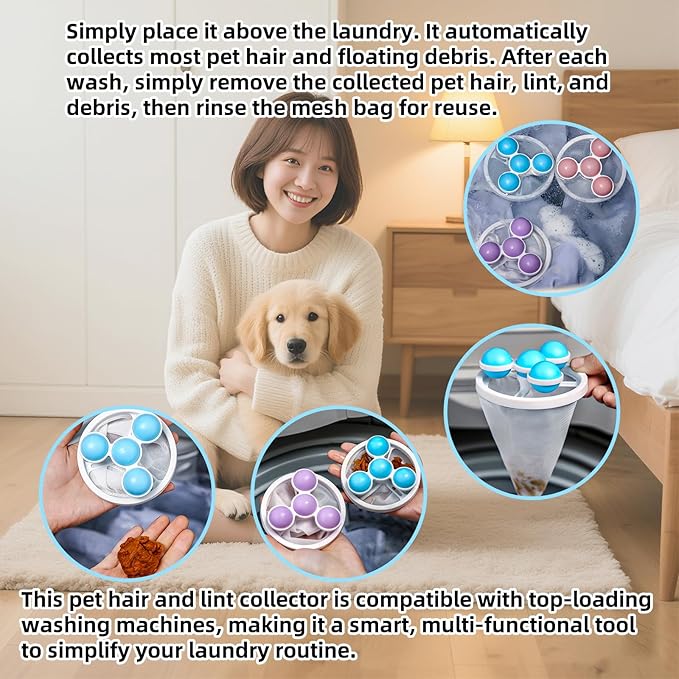 Pet Hair Remover for Laundry, 2025 Upgraded Pet Hair Remover for Laundry Hair Filter Bag Lint Catcher for Washing Machine Cat and Dog Hair Washing Machine Catcher 6 Pcs (Purple)