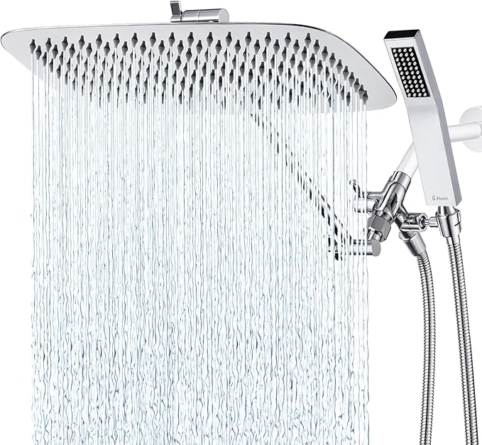 G-Promise All Metal 16 Inch Dual Square Shower Head with Handheld Spray Combo, Rain Shower Head, Adjustable Extension Arm, 3-Way Diverter, 71 Inch Extra Long Hose - A Bathroom Upgrade (Chrome)